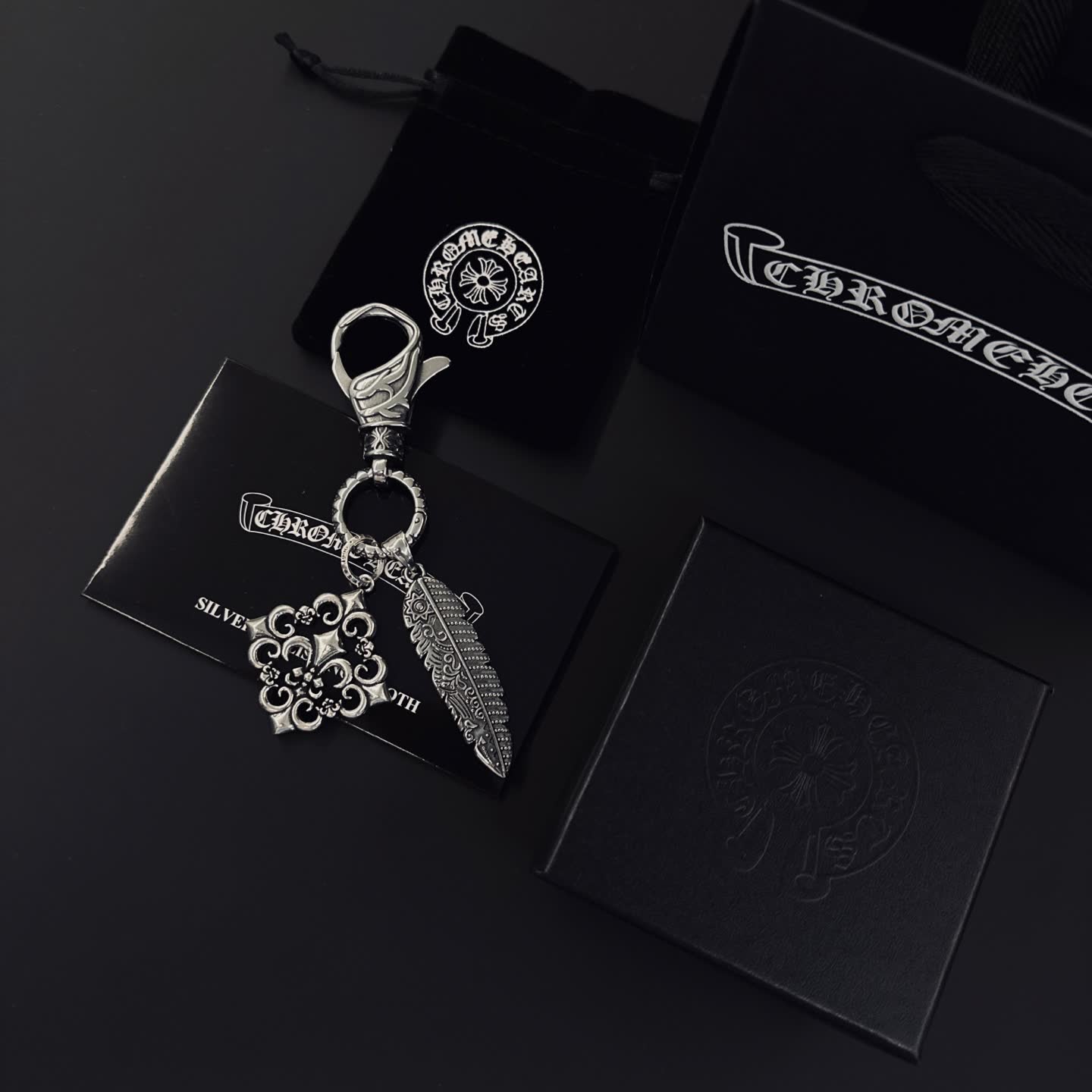 Chrome Hearts Silver Keychain with Feather and Filigree Charm